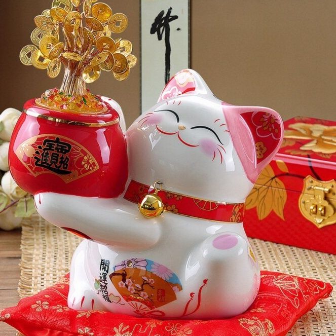 招き猫 金運招福 貯金箱 金の木飾り付き陶器置物
