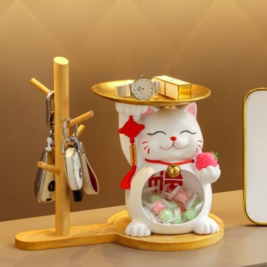 招き猫トレー付き小物入れ置物 福を呼ぶ収納猫