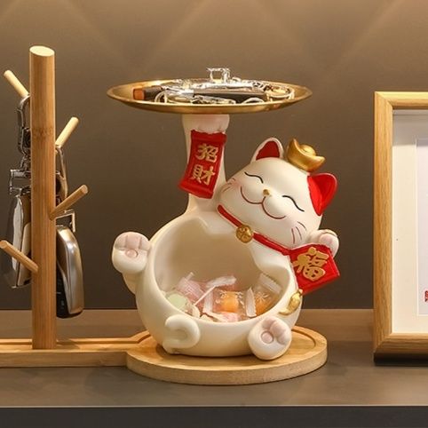 招き猫 右手上げ招き猫 大きなお腹の小物入れトレー付き置物