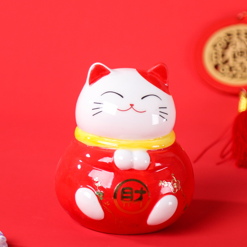 招き猫 福財纏身 丸型陶器製招き猫置物セット