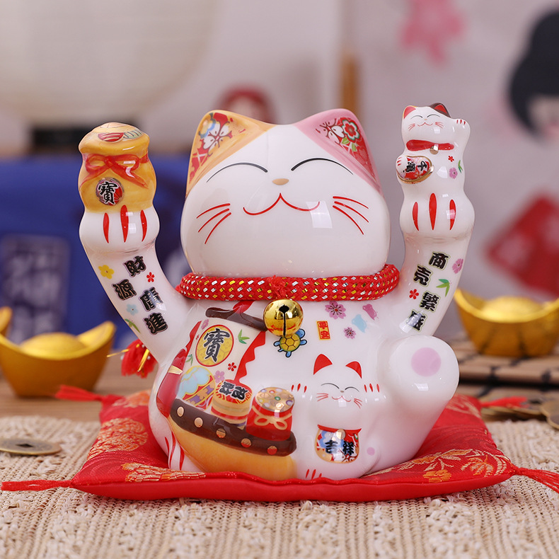 招き猫 両手上げ花柄招き猫 貯金箱付き陶器置物