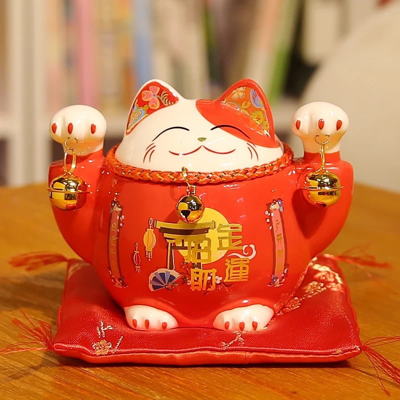 招き猫 両手上げ金鈴付き福招き猫陶器置物