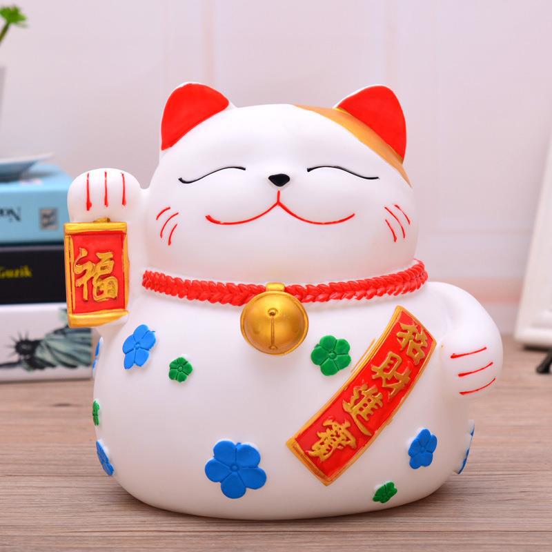 招き猫 花模様の福招き猫 金鈴付き縁起置物