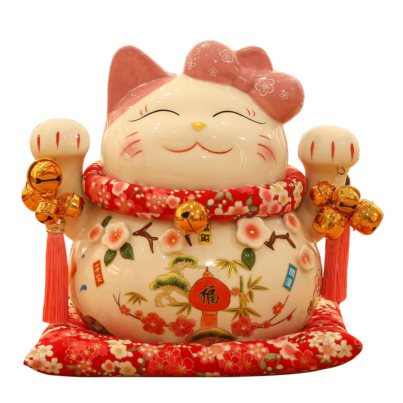 招き猫 福招き猫 梅花柄 陶器製 金鈴付き置物