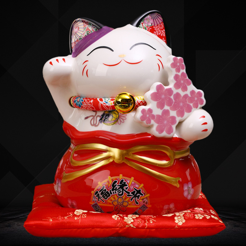 招き猫の縁起物陶器製貯金箱 桜模様福袋型