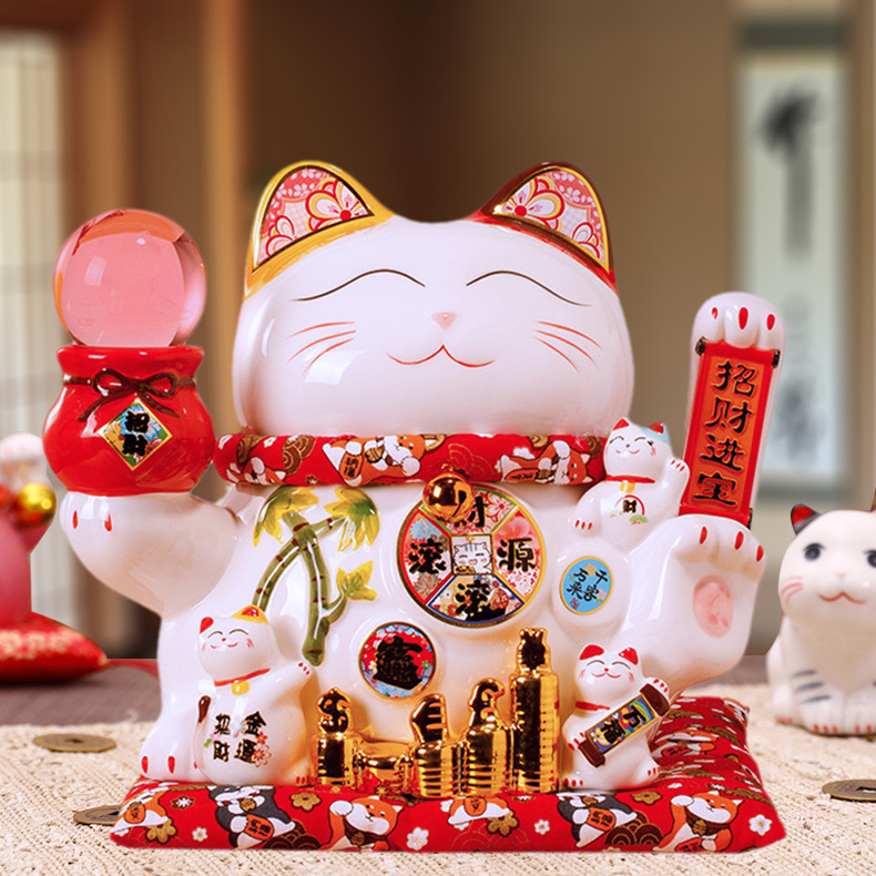 招き猫 福を招く大型陶磁器製招き猫置物 水晶玉付き