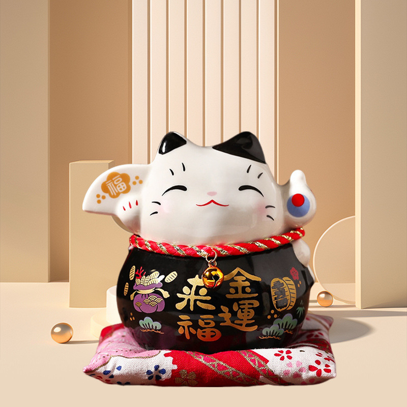 招き猫 金運来福 丸型陶器製招き猫置物