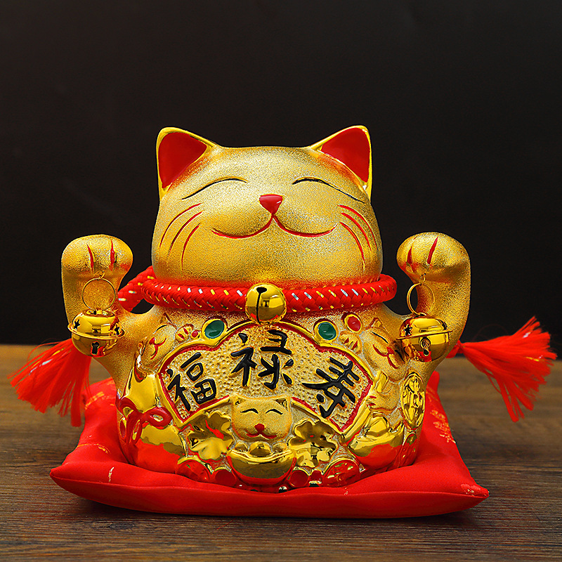 福禄寿 両手上げ招き猫 貯金箱付き置物