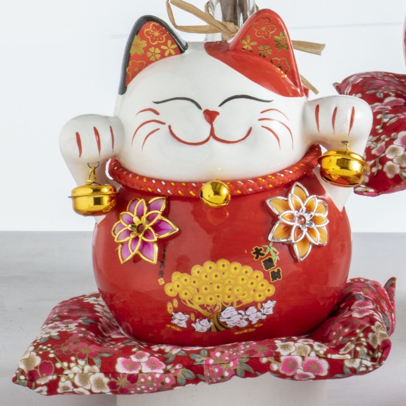 招き猫 花飾り小鈴付き大吉招き猫置物