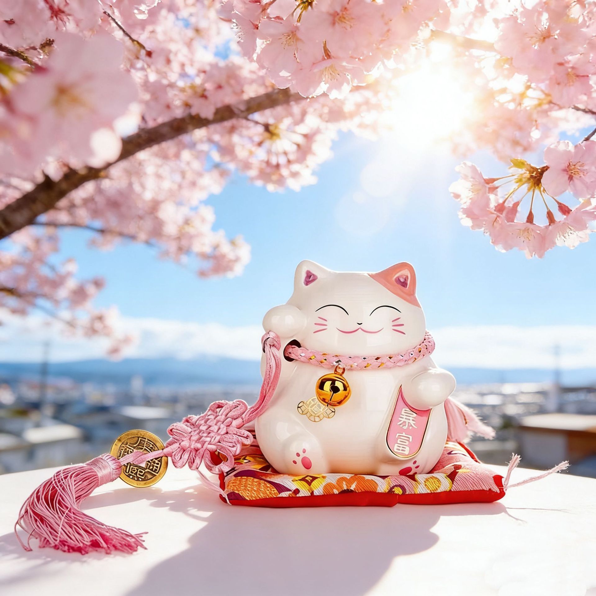 招き猫 桜咲く幸運を呼ぶ招き猫 暴富小判付き置物