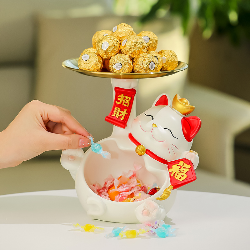 招き猫トレー付き小物入れ置物