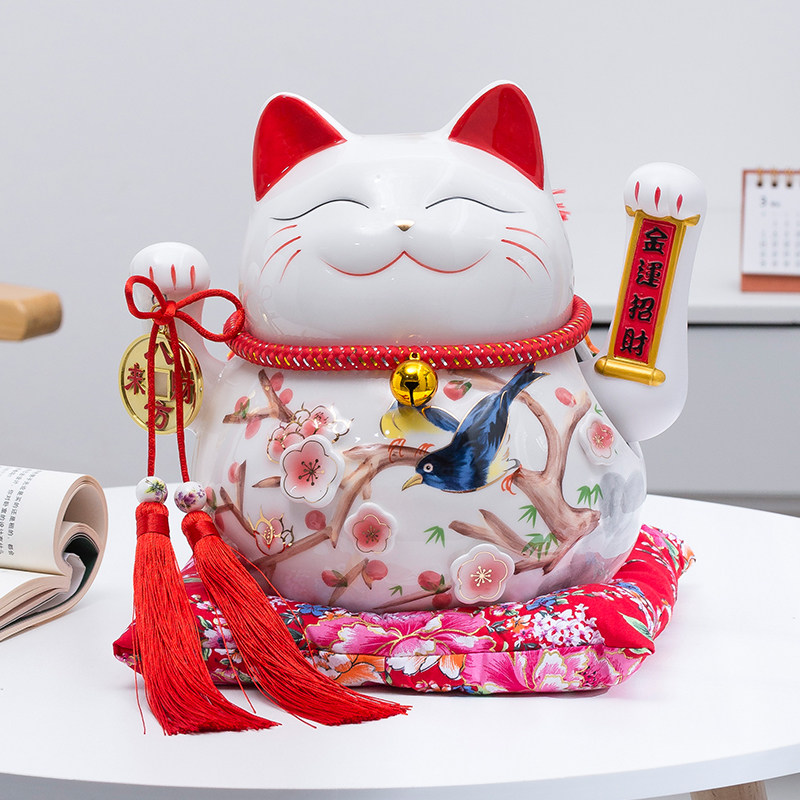 招き猫 金運招財 花鳥絵付け陶器製招き猫置物