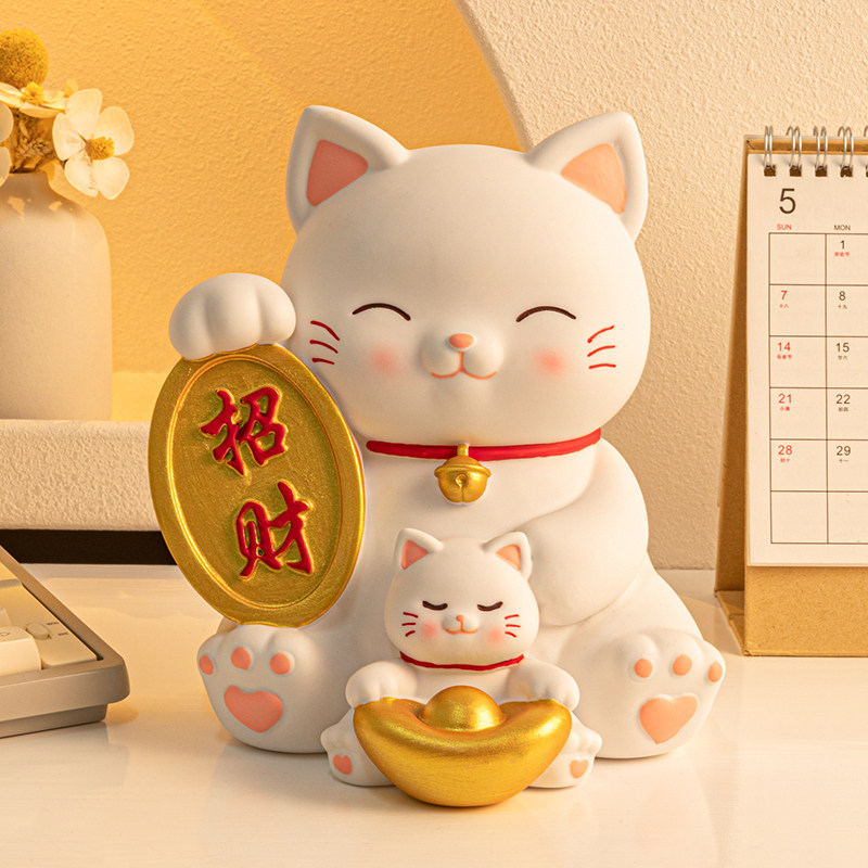 招き猫 親子招き猫 金運招福 大判小判付き置物
