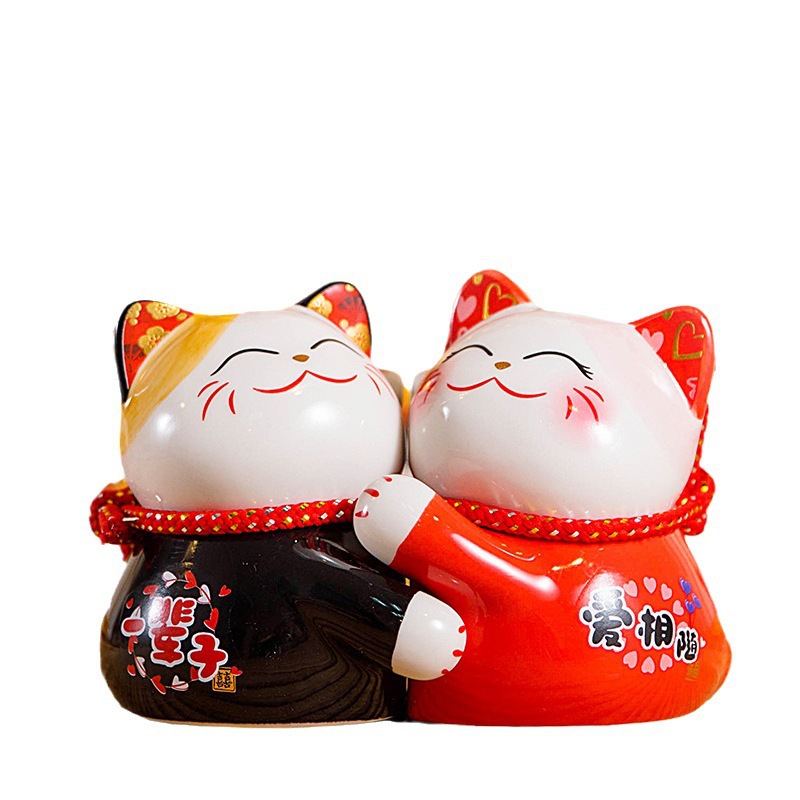 招き猫ペア置物 寄り添う縁結び陶器飾り