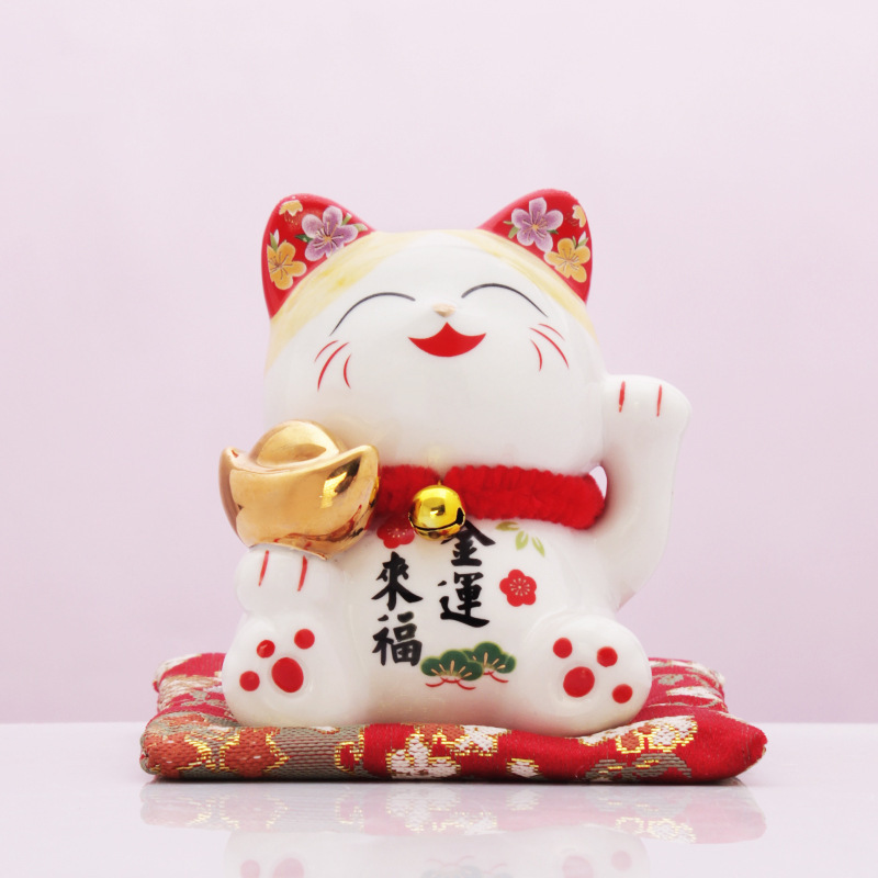 招き猫 花柄模様の金運来福招き猫置物座布団付き