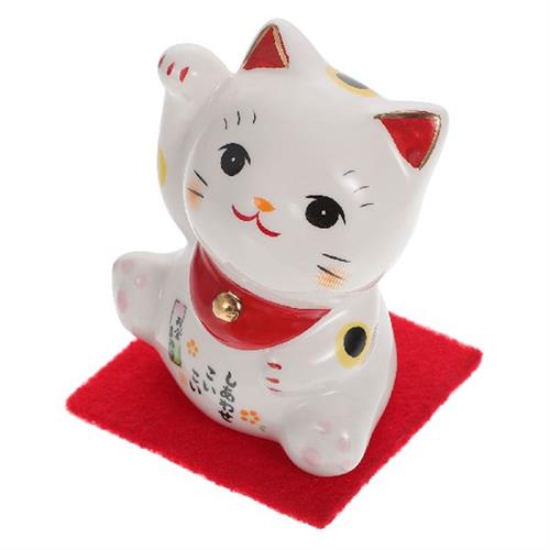 招き猫 縁起物 陶器製招き猫 小判柄 赤毛氈付き置物
