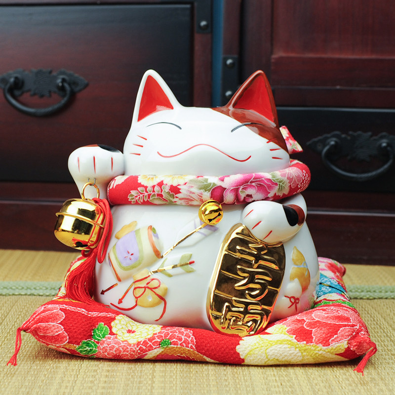 招き猫 花柄飾り帯付き金小判招き猫陶器置物