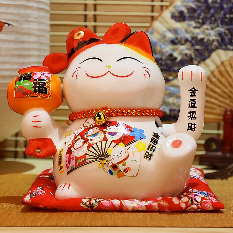 招き猫 金運招福 扇絵付き豪華招き猫置物