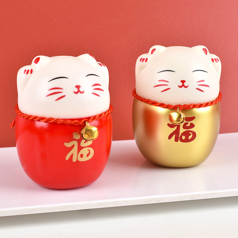 招き猫 福文字入り金鈴付き丸型招き猫置物セット