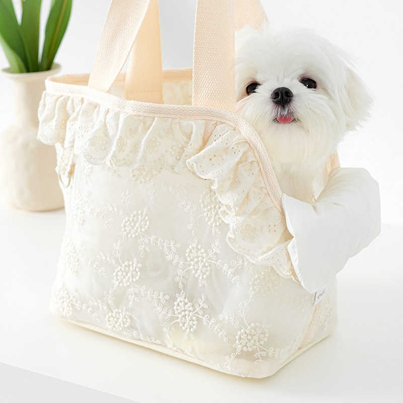 犬キャリーバッグ 花刺繍フリル付き小型犬用手提げキャリーバッグ