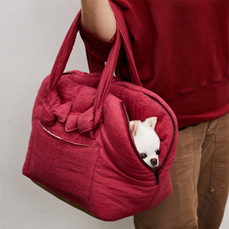 犬キャリーバッグ キルティング風リボン付き小型犬用肩掛けキャリーバッグ