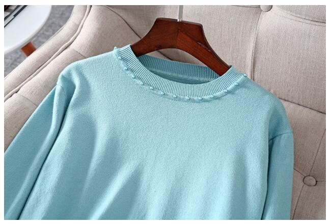 ビーズ装飾ニットセット丸首プルオーバーとマーメイドスカート