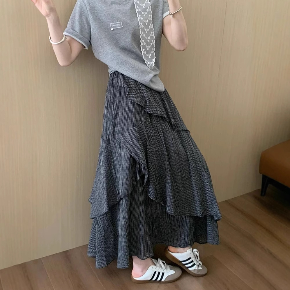 マーメイドスカート 格子柄フリルマーメイドニットスカート