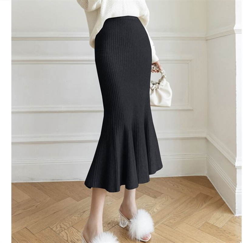 リブ編みニットマーメイドスカート裾フレアロング丈