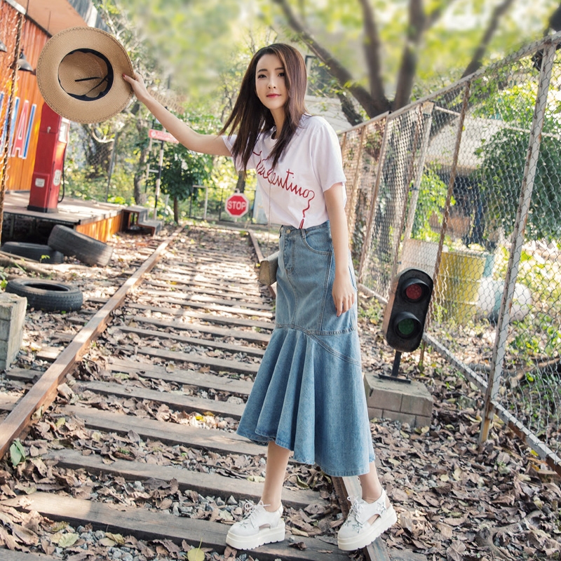 マーメイドスカート 優美な裾広がりデニムスカート