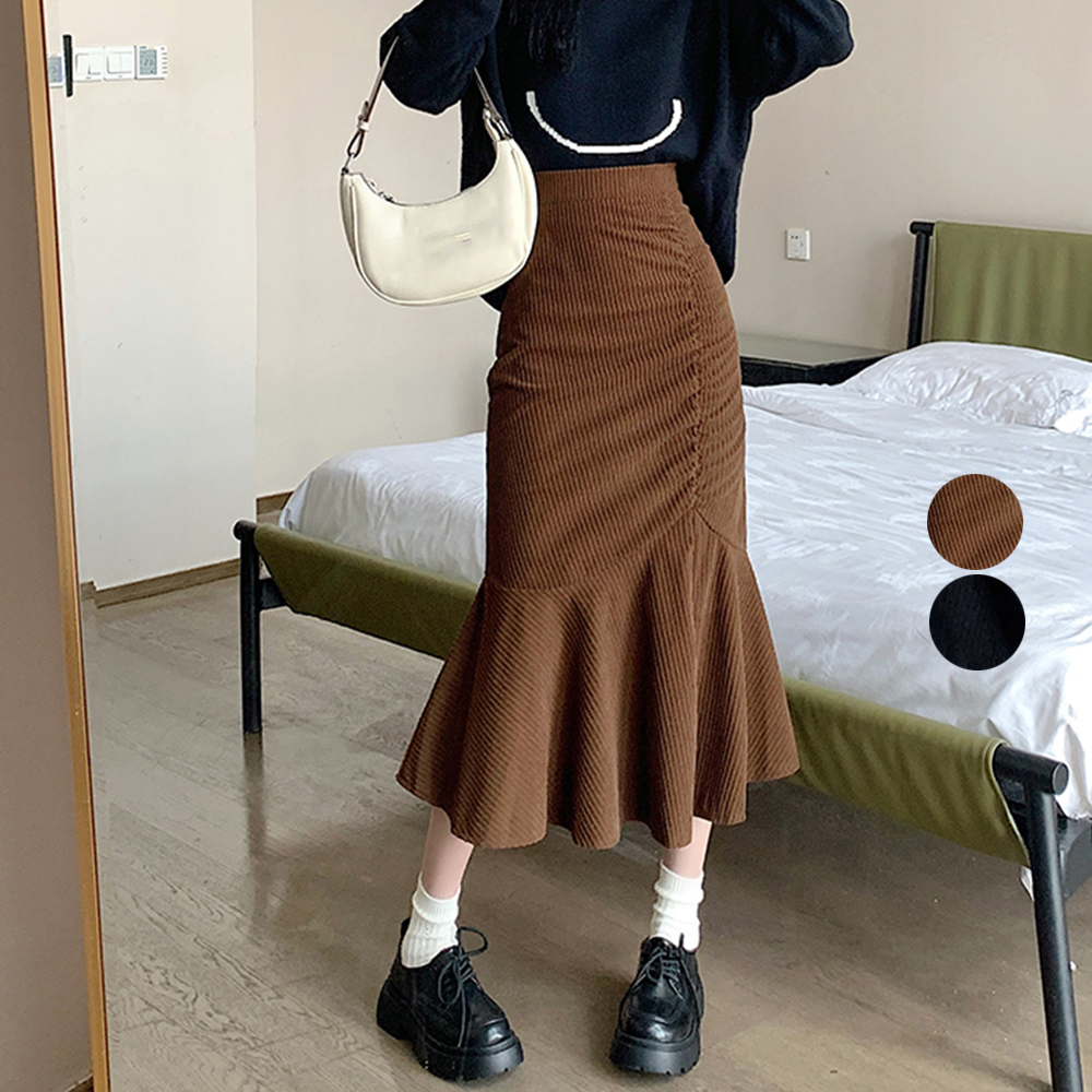 秋冬リブニットマーメイドスカート黒茶