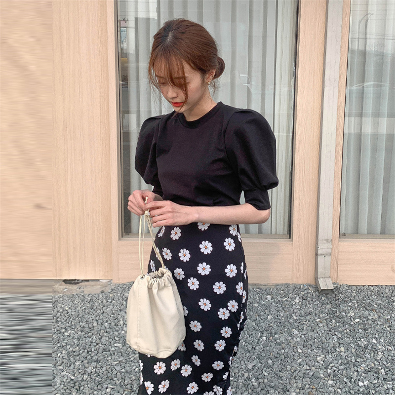 花柄マーメイドスカート パフスリーブ上下セット