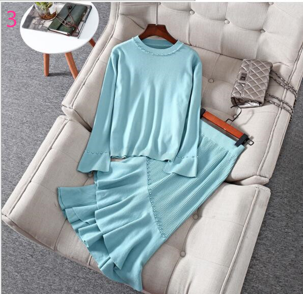 ビーズ装飾ニットセット丸首プルオーバーとマーメイドスカート