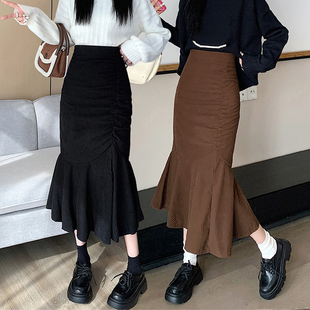 秋冬リブニットマーメイドスカート黒茶