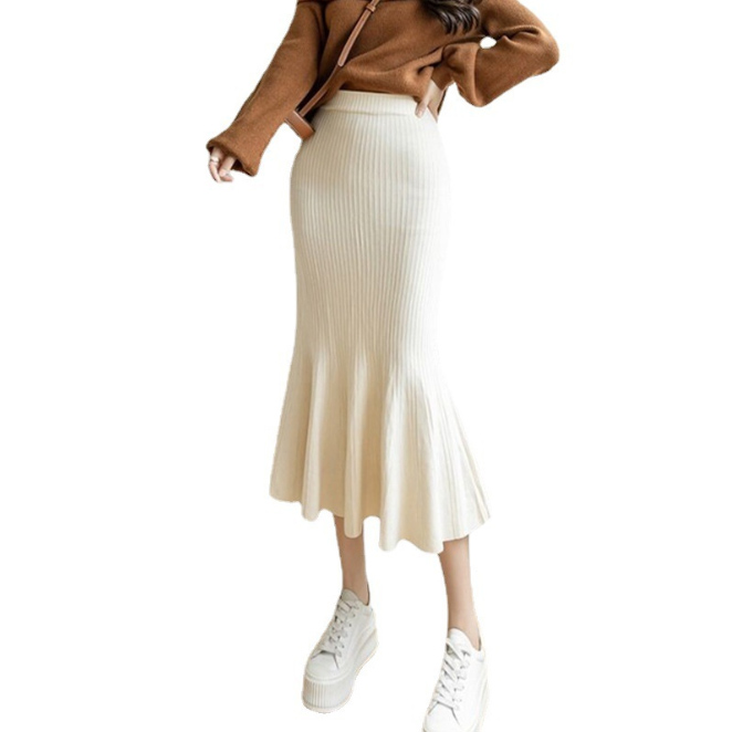 リブ編みニットマーメイドスカート裾フレアロング丈