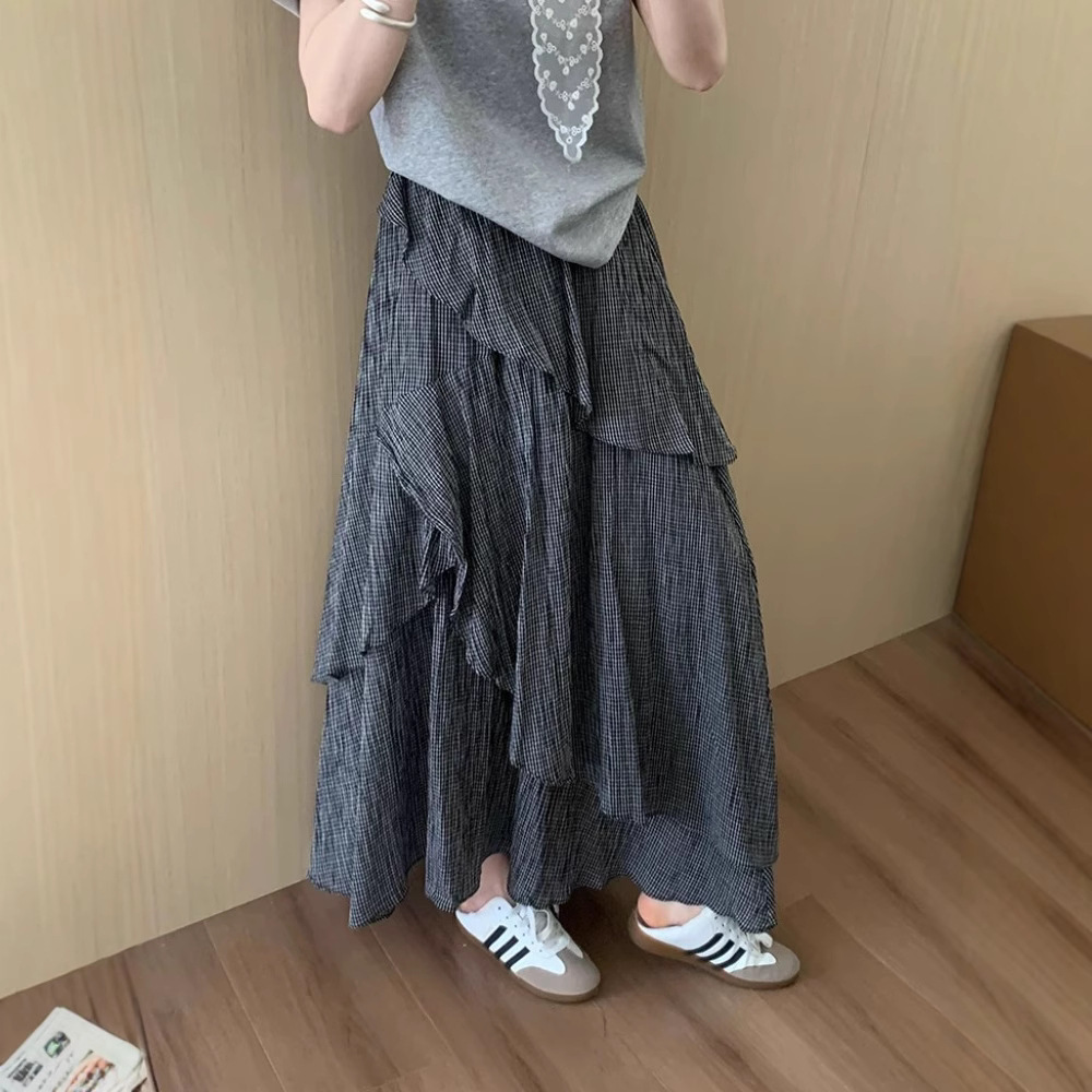 マーメイドスカート 格子柄フリルマーメイドニットスカート