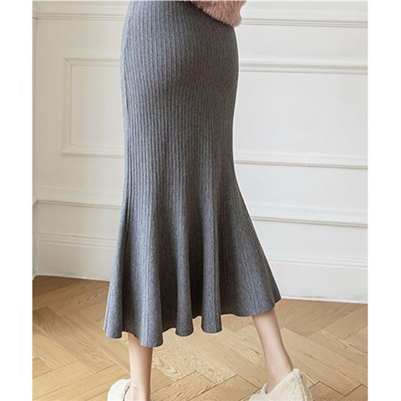 リブ編みニットマーメイドスカート裾フレアロング丈