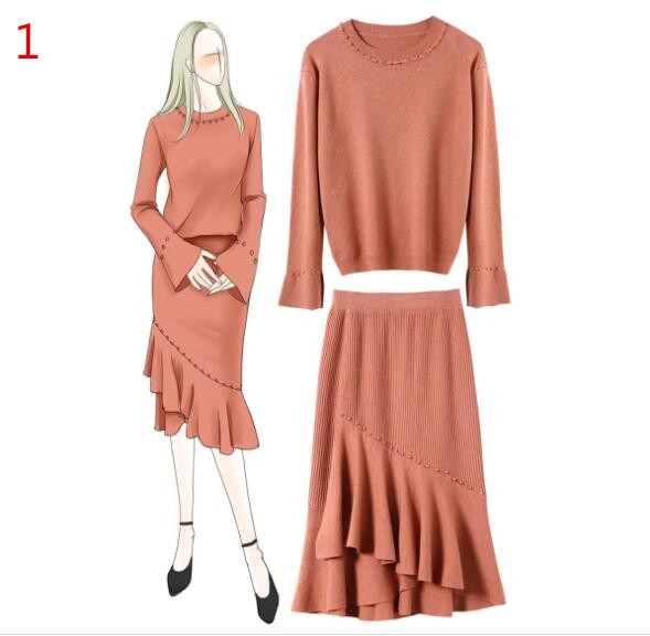 ビーズ装飾ニットセット丸首プルオーバーとマーメイドスカート