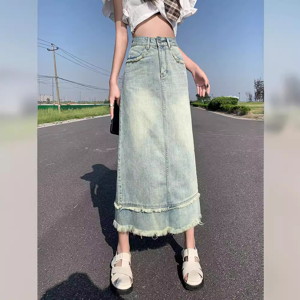 マーメイドスカート 裾フリンジ切替ハイウエストマーメイドデニムスカート