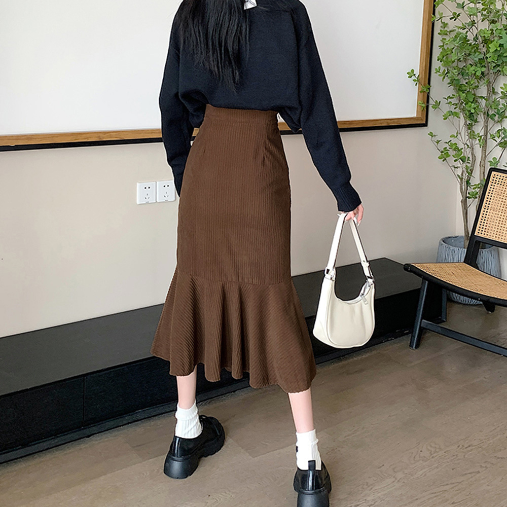秋冬リブニットマーメイドスカート黒茶