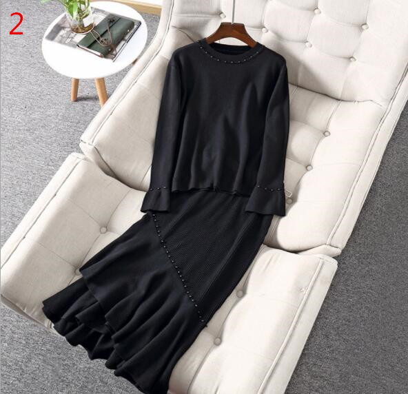 ビーズ装飾ニットセット丸首プルオーバーとマーメイドスカート