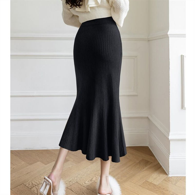 リブ編みニットマーメイドスカート裾フレアロング丈