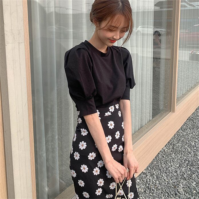 花柄マーメイドスカート パフスリーブ上下セット