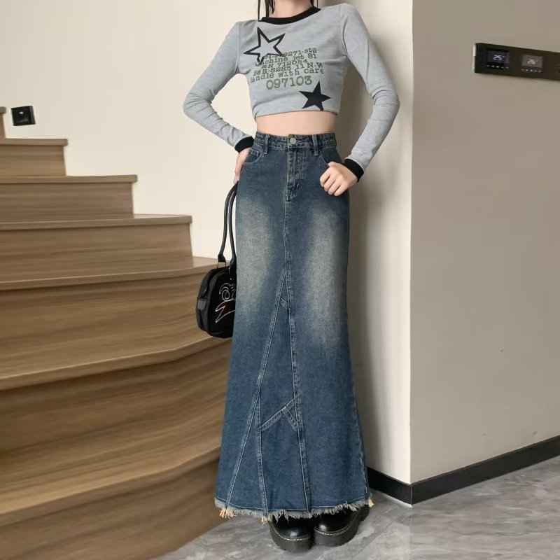 マーメイドスカート 裾フリンジ切替デザインロング丈マーメイドスカート