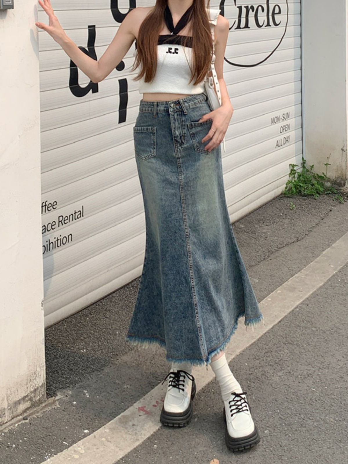 マーメイドスカート 裾フリンジ マーメイドデニムスカート