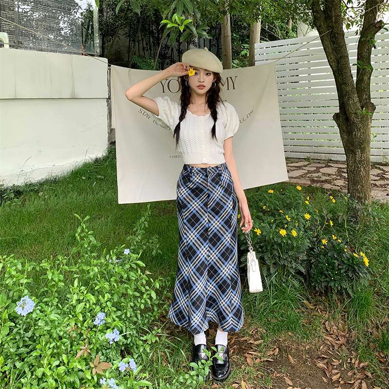 チェック柄マーメイドスカート上品カジュアルロング丈