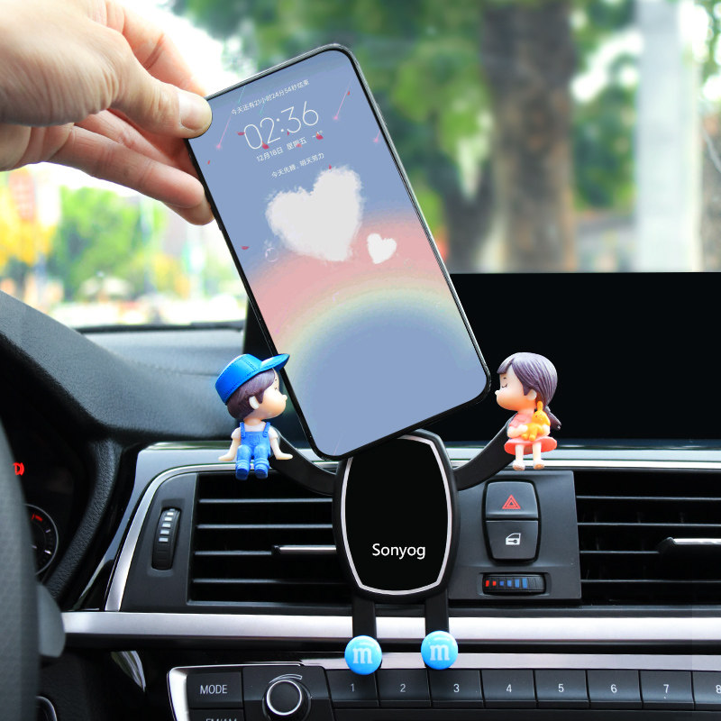 車 スマホホルダー 可愛い人形付き重力式車載用携帯電話固定具