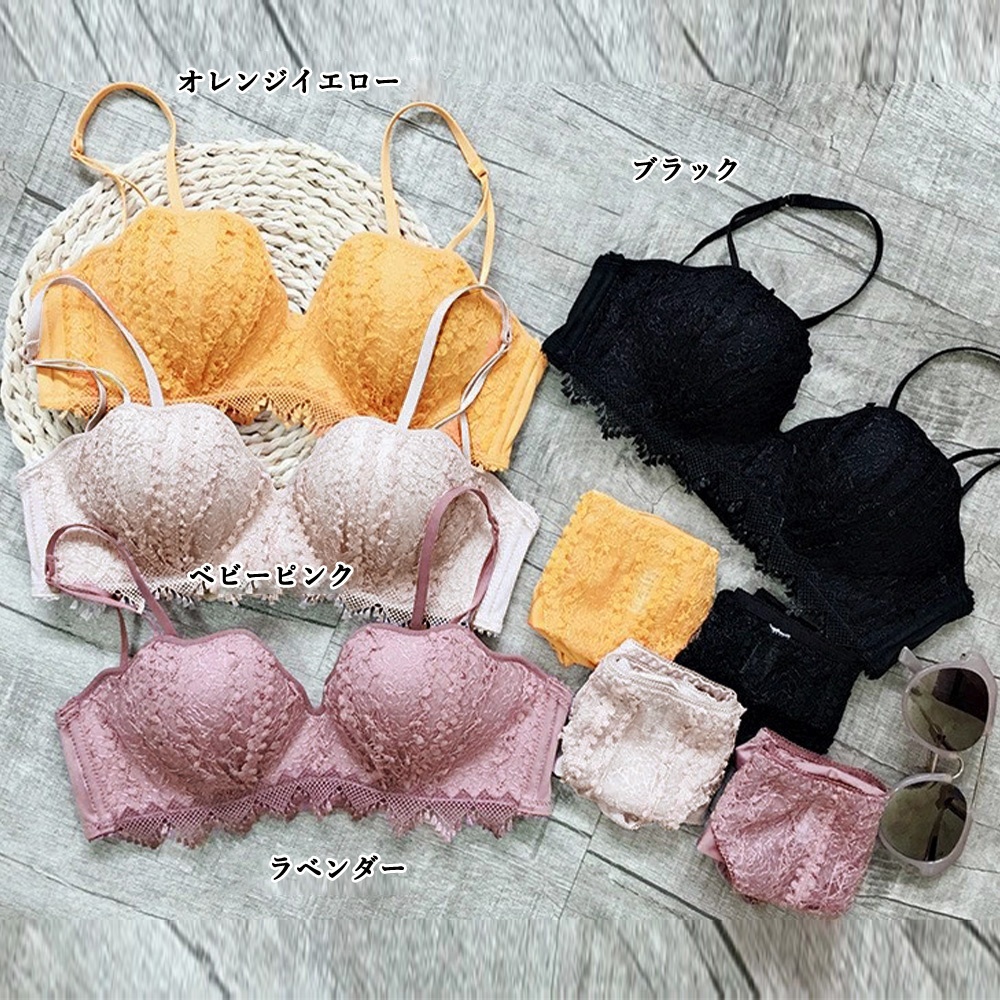 女装 繊細な花柄刺しゅうノンワイヤー下着セット 