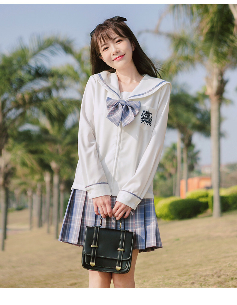 女装 チェック柄リボン付き長袖セーラー服上下セット