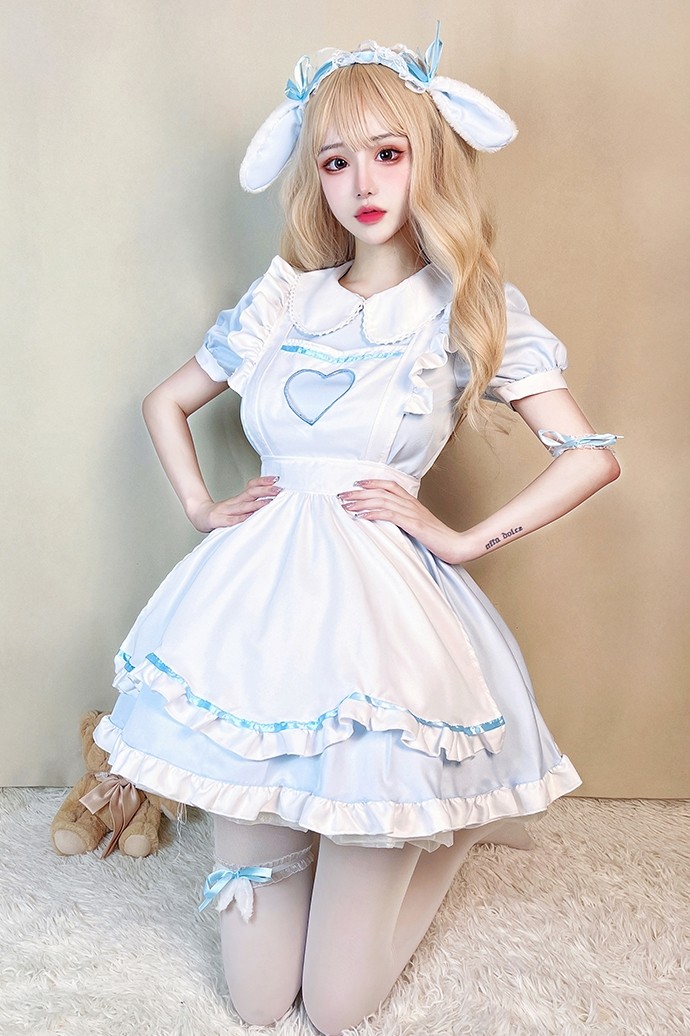 女装 ハート刺繍付き襟フリル半袖メイドワンピース