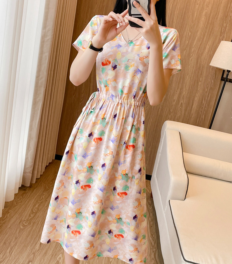 女装 小花柄ボタニカル半袖ウエストギャザーワンピース